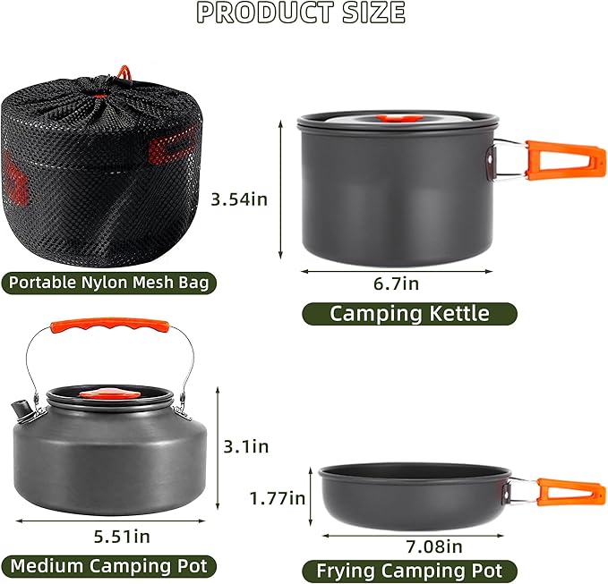 aiGear 3pcs Camping Cookware Mess Kit, Non-Stick Camping Pan Pot Kettle, Lightweight Aluminum, Collapsible Portable Camping Cooking Set for Outdoor Cooking Hiking Picnic