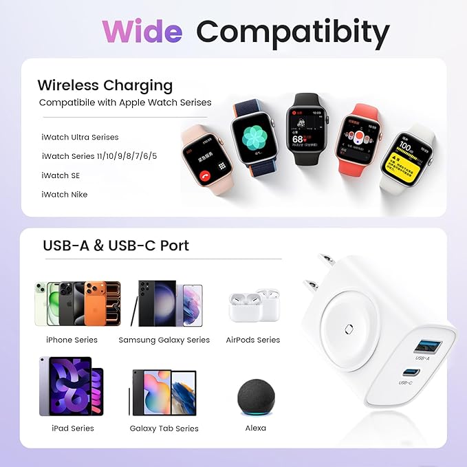 TOPADRE Charger for Apple Watch, USB C Charger Block, 3-in-1 20W Fast Charging, Portable Plug Travel Essential Charge for iWatch Ultra/SE/11/10/ 9/8/ 7/6, iPhone 16/16 Pro/ 15 Series, Purple