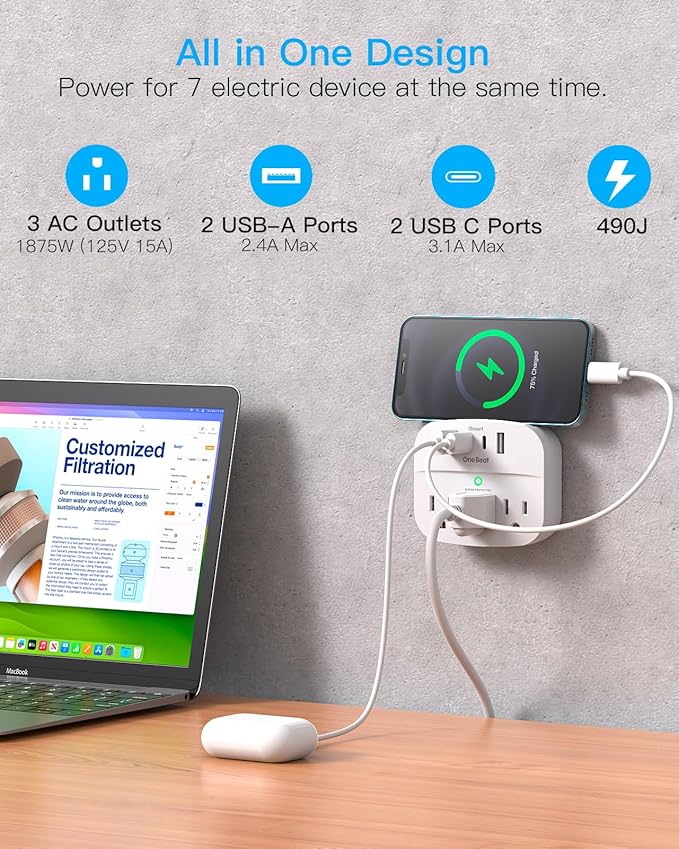 One Beat 2 Pack Multi Plug Outlet Splitter with USB,Surge Protector Outlet Extender with 3 Wall Outlets 4 USB Wall Charger(2 USB C),490 J, ETL Listed,Small Outlet Adapter Plug Extender for Travel,WH