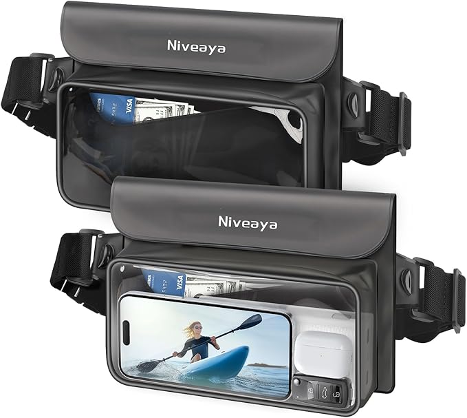 Niveaya IP68 Waterproof Fanny Pack - 2 Pack, Floating Dry Bag Pouch, Phone Waterproof Waist Pouch Dry Bag, Beach, Kayaking, Swimming, Boat Essentials, for iPhone 16/15/14/13/12 Pro Max up to 9.5"