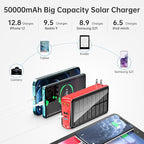 Portable Charger with Built in Cable and Wall Plug 50000mAh 22.5W Fast Charging Solar Power Bank with 5 Output & 2 Input Dual LED Flashlights Phone Holder External Battery Pack (Red)