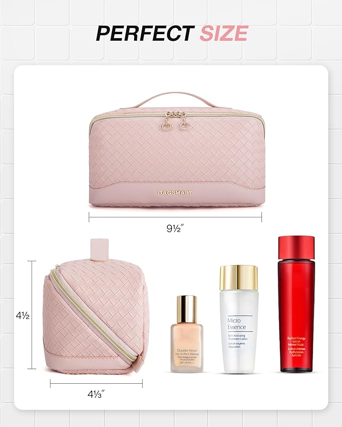 BAGSMART Makeup Bag, Travel Cosmetic Bag Organizer, PU Leather Water-Resistant Pouch, Open Flat Makeup Storage for Toiletries, Brushes, PU Leather Pink