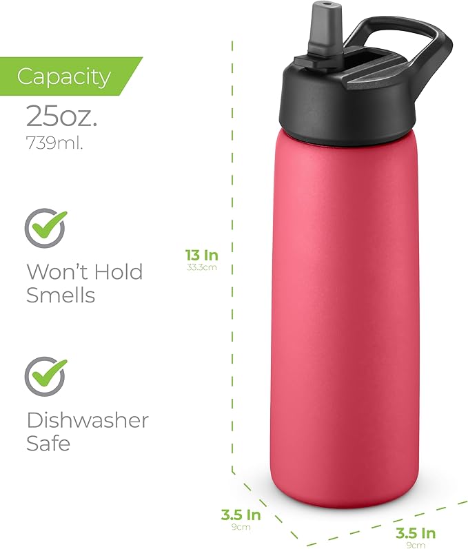 SipX™ Triple-Insulated Stainless Steel Water Bottle 25oz. With 3 Lids, BPA-Free Reusable Insulated Water Bottle Keeps Cold 24 Hours, Metal Water Bottle Made Of Sustainable Material For Hiking & Biking