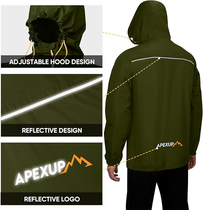 APEXUP Packable Rain Jacket Men with Reflective Zipper, Lightweight Waterproof Raincoat, Mens Rain Jacket for Outdoor Sports