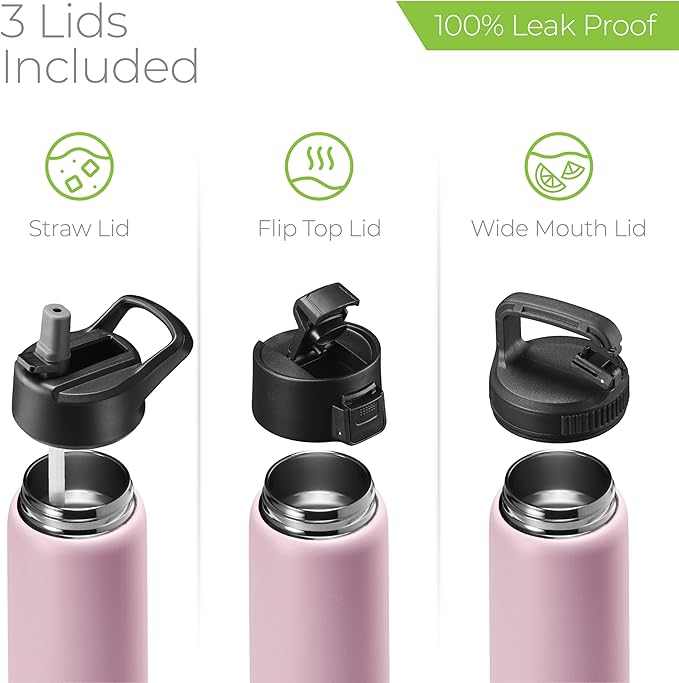SipX™ Triple-Insulated Stainless Steel Water Bottle 25oz. With 3 Lids, BPA-Free Reusable Insulated Water Bottle Keeps Cold 24 Hours, Metal Water Bottle Made Of Sustainable Material For Hiking & Biking