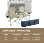 BDL Double Camping Chair with Canopy, Two Person Folding Loveseat with Shade, Heavy Duty Beach Chair with Cooler Bag, Cup Holder for Outside, Fishing, Sports, Beach-White