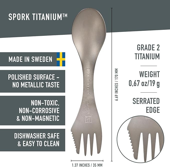 Light My Fire Titanium Spork Camping Spoon Fork Knife Combo Reusable Travel & Camping Utensils - Unbreakable Non-Toxic BPA Free Outdoor Backpacking Hiking Picnic Utensil, 1 Metal Spork