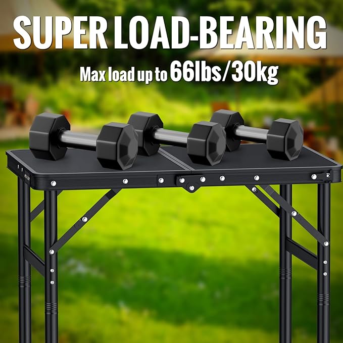 GARLLEN 2ft Folding Camping Table, 3 Adjustable Height Lightweight Picnic Table, Portable Aluminum Grill Table for Outdoor, Camping, Grill, Threaded Install, 23.6" L x 15.7" W, Black