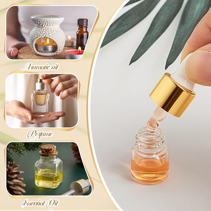 100 Pcs Mini Glass Oil Dropper Bottle Bulk, Clear Essential Small Empty Bottles Sample Containers Perfume Liquid Vials with Cap for Traveling (1 ml,Gold)