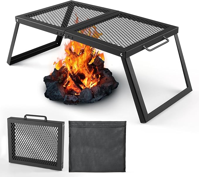 Odoland Folding Campfire Grill, Heavy Duty Steel Mesh Grate with Folding Legs and Storage Bag, Portable Camping Grates, Over Fire Pit Grill Rack for Outdoor Cooking and Bonfire