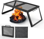 Odoland Folding Campfire Grill, Heavy Duty Steel Mesh Grate with Folding Legs and Storage Bag, Portable Camping Grates, Over Fire Pit Grill Rack for Outdoor Cooking and Bonfire