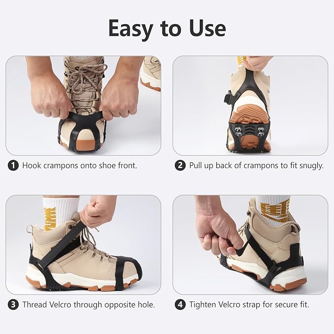 11 Spikes Crampons, Upgraded Version Stainless Steel Anti-Slip, Ice Cleats Grips for Hiking Shoes and Boots, Hiking Fishing Walking Mountaineering