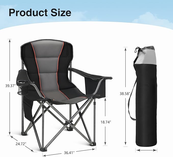 HIGH POINT SPORTS Oversized Portable Camping Folding Chair, Heavy Duty Foldable Outdoor Chair, Camp Chair with Cup Holder and Cooler Bag Support 450 LBS, Black…