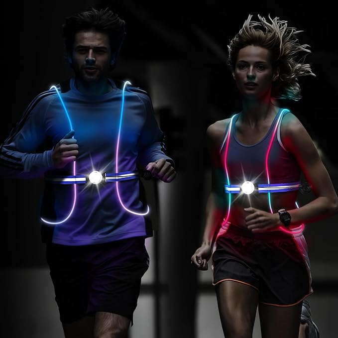 LED Reflective Running Vest Lights for Runners, Running Lights with Front Light, Safety USB Rechargeable Reflective Night Lights For Men/Women Running Walking Cycling, Three Light Modes with 7 Colors