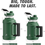 1 Gallon Insulated Water Bottle for Sports: 2-in-1 Straw Spout Lid, Dual Handle, Leakproof, Keep Cold 48H, 128oz Stainless Steel Water Jug for Outdoors, Hiking, Cycling, Camping, Fishing (Forest)