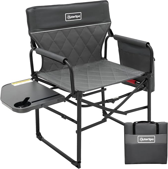 Oversized Directors Chairs Heavy Duty Folding Outdoor Chairs with Detachable Side Pocket and Adjustable Side Table for Outside,Lawn,Fishing, Folding Camping Chair up to 350Lbs Capacity (Grey)