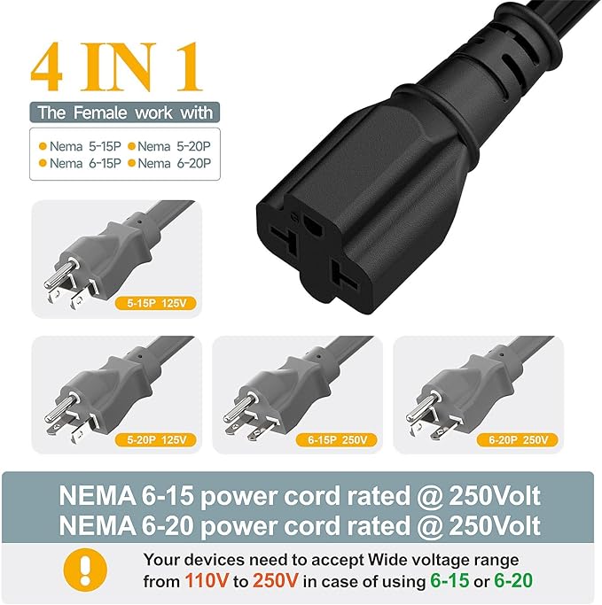 (3Feet) NEMA 5-15P Extension Cord, Plugrand NEMA 5-15P to 5-15R/ 5-20R/ 6-15R/ 6-20R AC Adapter Cord, 12AWG 15 Amp to 20 Amp T Blade Adapter Cable, 15A 125V to 20A 250V Extension Cord