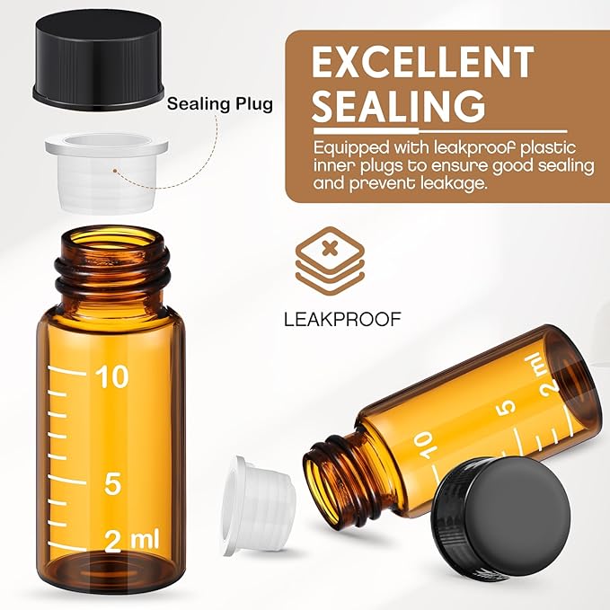 Baderke 4 Pcs Liquid Medicine Travel Container Scale Glass Liquid Containers Small Single Dose Medicine Bottles Dispenser and Leak-proof Plug Travel Essentials Accessories(Brown,10ml)