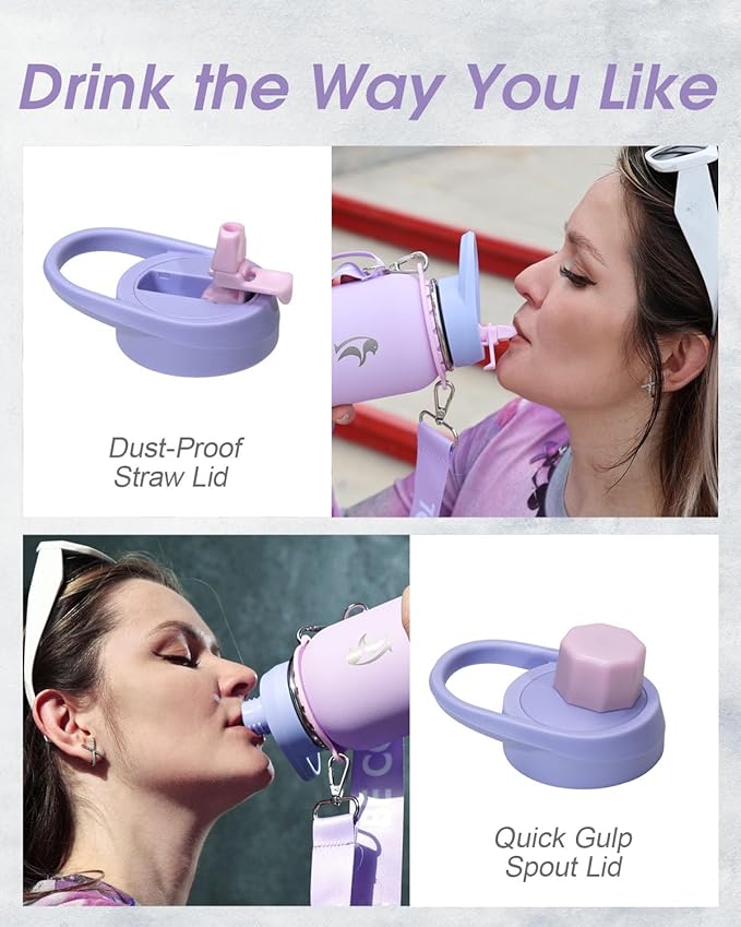 Coolflask Water Bottle with Straw, 32 oz Insulated Metal Water Flask with Straw & Spout Lids, Stainless Steel Double Wall Vacuum, Keep Cold 48h Hot 24h, Leak Proof & Non-BPA, Lavender