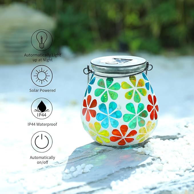 Afirst Mosaic Solar Lanterns Outdoor - Glass Hanging Solar Lights Hollow Out Waterproof Table Lamp Outdoor Decorative for Garden, Patio, Holiday Party Outdoor Decoration
