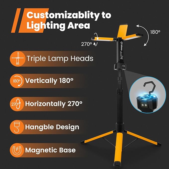 Rechargeable Work Light with Stand, GoGonova Cordless Work Light with Triple LED Lamps, 8AH Battery, 700/1200/2200 Lumen, 4000/6500K Dimmable Camping Light with Detachable Tripod（Yellow）