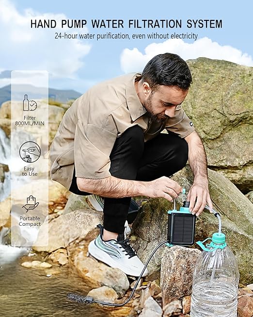 3-in-1 Solar Electric Water Filter with Hand Pump - Camping Water Filtration System Survival, Portable Water Purifier with Emergency Light, Survival Kit for Backpacking, Birthday Gifts for Men
