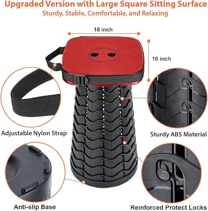 Portable Collapsible Stool Set - Heavy Duty Square Collapsible Stool + Thick Seat Cushion - 550lbs Load Capacity for Camping Travel Picnic Gardening (Red/Black)