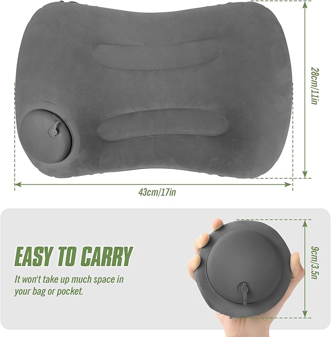 2-Pack Inflatable Camping Pillow, Portable Travel Pillow for Sleeping, Lightweight Compact Inflatable Pillows for Beach, Hiking, Backpacking, Airplane Travel, Press-to-Inflate Design (Grey)