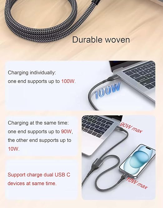 4FT 2 in 1 100W USB C to Dual Type c Fast Charging Cable,iPhone 15 USB C to Double Type c Cable for MacBook Pro/Air,iPad Pro/Air,iPhone 15 Plus/15 Pro Max,Samsung Galaxy S24/S23/S22/S21,Moto,Switch