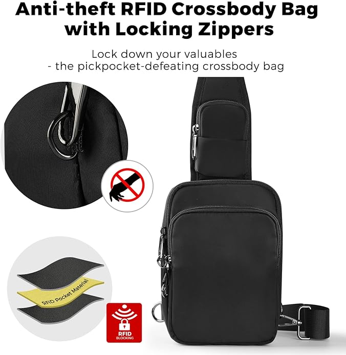 VADOO Sling Bag, Crossbody Bag with Zipper Lock, RFID Blocking & Water Resistant for Men and Women