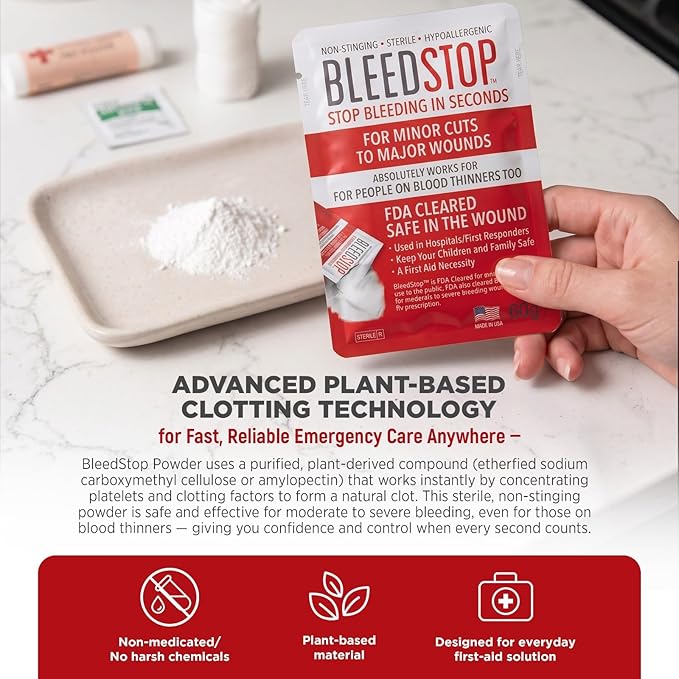 BleedStop™ First Aid Powder for Blood Clotting, Trauma Kit, Blood Thinner Patients, Camping Safety, and Survival Equipment for Moderate to Severe Bleeding Wounds or Nosebleeds (Double 4 Pack 15g)
