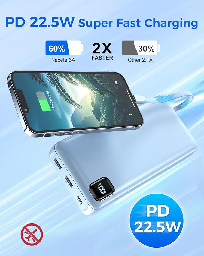 Portable Charger Power Bank 50000mAh Built-in Cables, PD 20W Fast Charging Large Capacity Battery Pack, 5 Output 2 Input LED Display Powerbank Compatible with Phone (Blue)