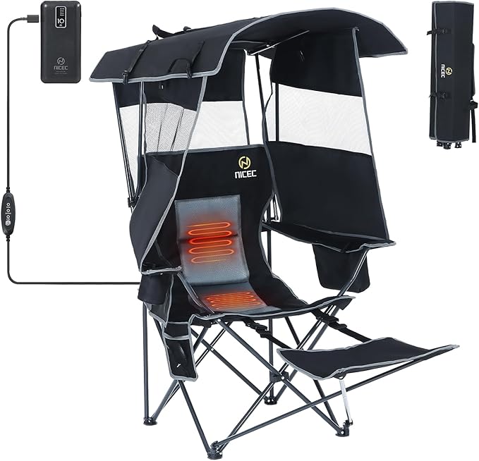 Nice C Chair with Canopy, Heated Camping Chair with Battery, Outdoor Sports Chairs with Shade, Heated Folding Umbrella Chairs, with Removable Footrest (1-Pack)