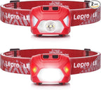 Lepro 320015 Battery Powered Headlamp - 1300Lux Super Bright LED Head Lamp with Red Light, IPX4 Waterproof Headlights for Outdoor Camping, Hiking, Hunting, Power Outages, Emergency, Hurricane - Red