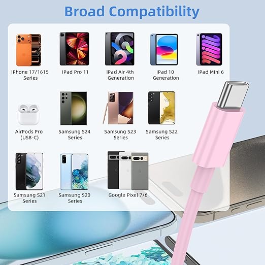 2Pack 6FT USB to USB C Cable for iPhone 17 16 15 Charger Cord, for Apple 17 16 15 Pro/Pro Max/Plus Type C Cord, for iPad Pro 12.9/11, Air 5th/4th Gen, Car Carplay Charging Cable for Android(Pink)