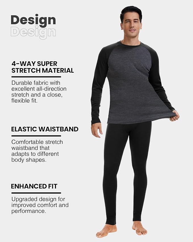 Men's 100% Merino Wool Base Layer Sets Lightweight Active Base Layer for Ski