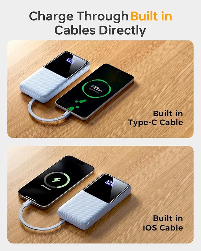 Portable Charger Power Bank - 20000mAh Fast Charging Portable Battery Pack with Built in USB-C(22.5W) and iOS(20W) Output Cables Compatible with iPhone Android Samsung Phone etc (1 Pack, Blue)