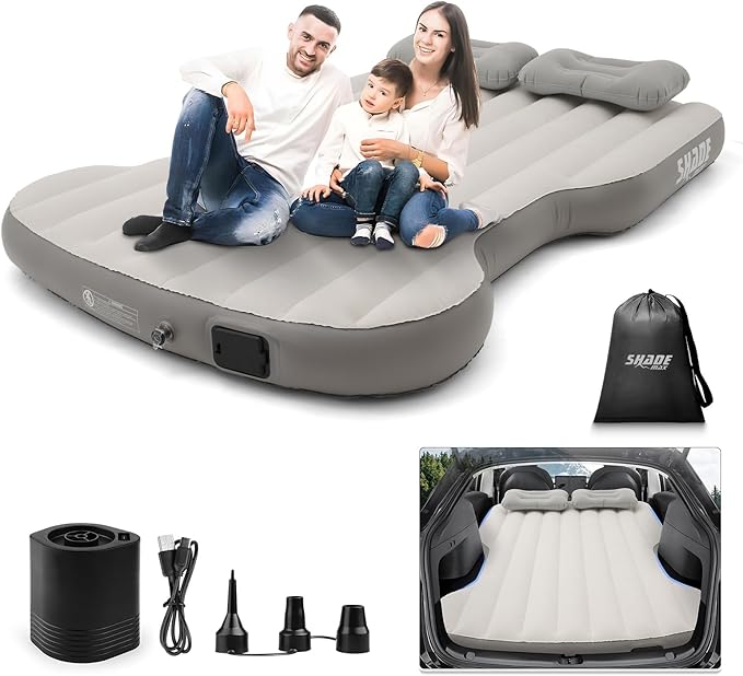 Self-Inflating Car Air Mattress for Tesla Model Y 2025 2024-2020 / Model Y Juniper 2026 Accessories Outdoor Camping Air Bed with 2 Pillows Built-in Pump Air Couch Flocking Air Cushion (Beige&Gray)