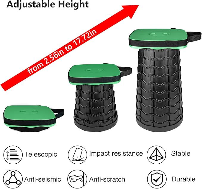 Collapsible Folding Stool Upgrade Heavy Duty 550lbs Load Capacity Foldable Portable Camping Stools Sturdy Retractable Telescoping Stool (Green)