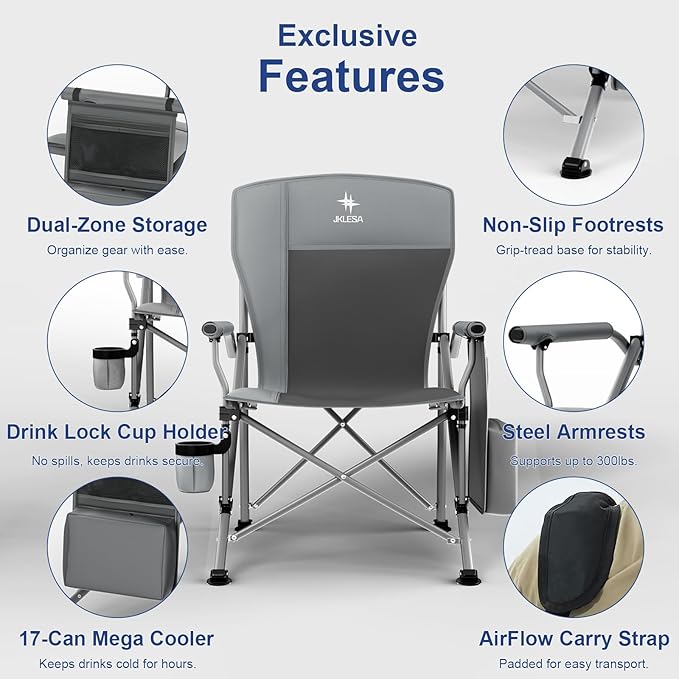 XL Heavy Duty Camping Chair 396lb Capacity (525lb Max) – Waterproof 1680D Oxford Fabric, 2" Padded Seat & Back, Cup Holder, Cooler Pocket, Portable for Camping, Beach & Tailgating (Slate/Black)