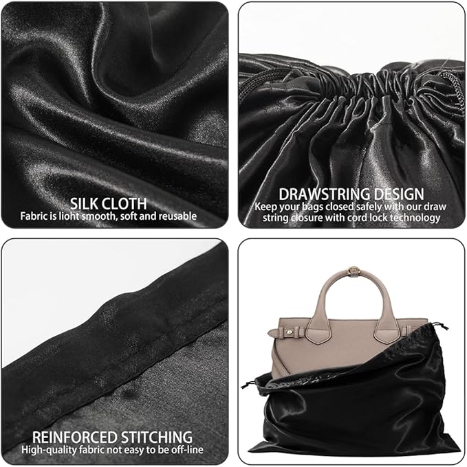10 Pack Dust Bags for Purses and Handbags, Silk Dust Cover Storage Bag with Drawstring Travel Storage Pouch for Handbag Purse Shoes Boots (Black, 23.6 × 19.6 in)