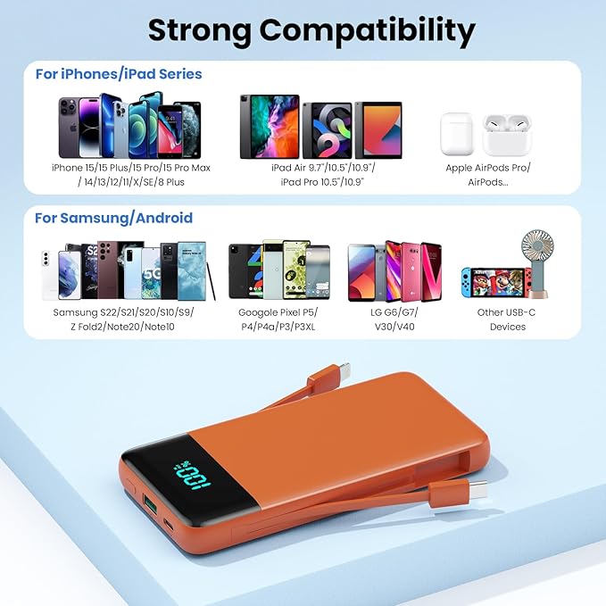 Portable Charger 13800mAh for iPhone with Built-in Cables & AC Wall Plug,5-in-1 USB-C Power Bank,LCD Display External Battery Pack Phone Charger Compatible with iPhone 16/15/14/13,Android (Orange)