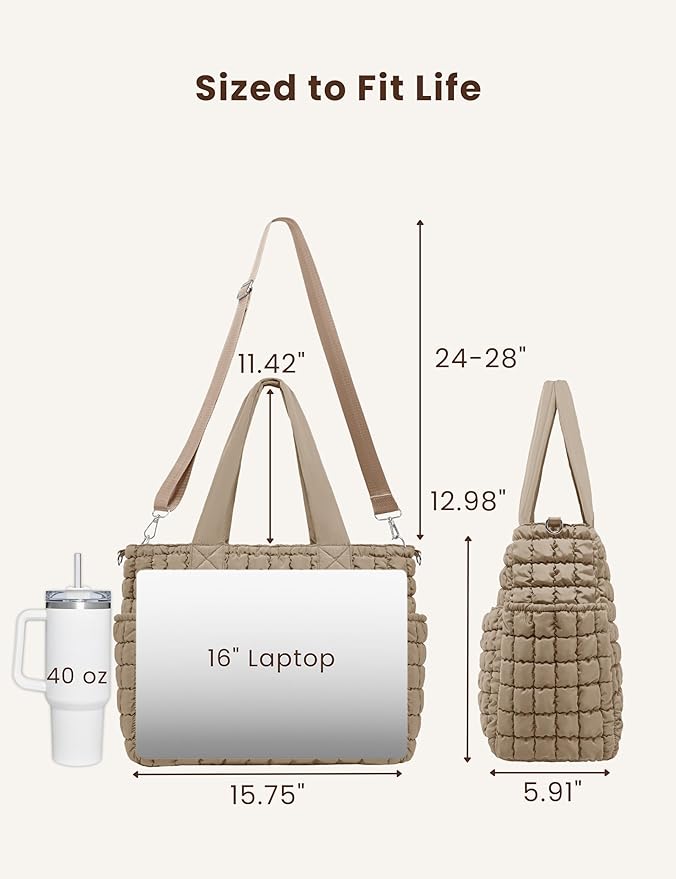 Yarnic Large Puffer Tote Bag for Women, Puffy Shoulder Handbag Quilted Tote Bag with 7 Pockets for Travel Work Gym