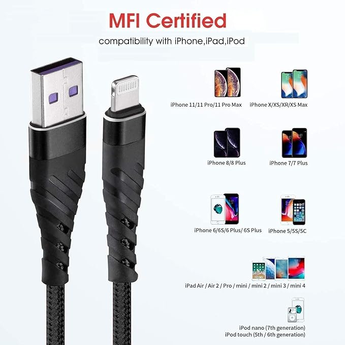 CyvenSmart (2 Pack) Long iPhone Charger 6ft for [MFi Certified], 6 Foot Lightning Cable Fast Charging Cord 6 Feet for iPhone 12/12 Pro/11/11 Pro/11 Pro Max/XS/XS Max/XR/X/8/8 Plus/7/7 Plus/6 Black