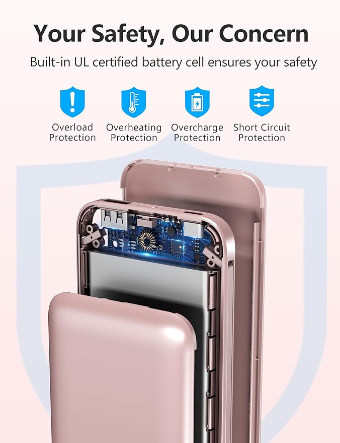 2-Pack 10000mAh Phone Portable Charger Power Bank, Built in 2 Cables and AC Wall Plug, Fast Slim USB C Charging Battery Pack Power Bank Compatible with iPhone, Android, White & Pink