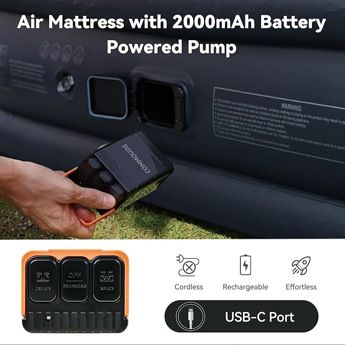 COMMOUDS Queen Air Mattress with 2000mAh Battery Powered Pump, 18" Raised Inflatable Mattress, Portable Blow up Mattress, Air Bed for Camping, Home and Guest