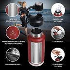 Insulated Sports Water Bottle with Straw Lid Dustproof, 3 Lids, 24/32/40/64 oz Dishwasher Safe & BPA Free Double Wall Stainless Steel Water bottle, Leakproof & Sweat Free -32 Oz Brick Red