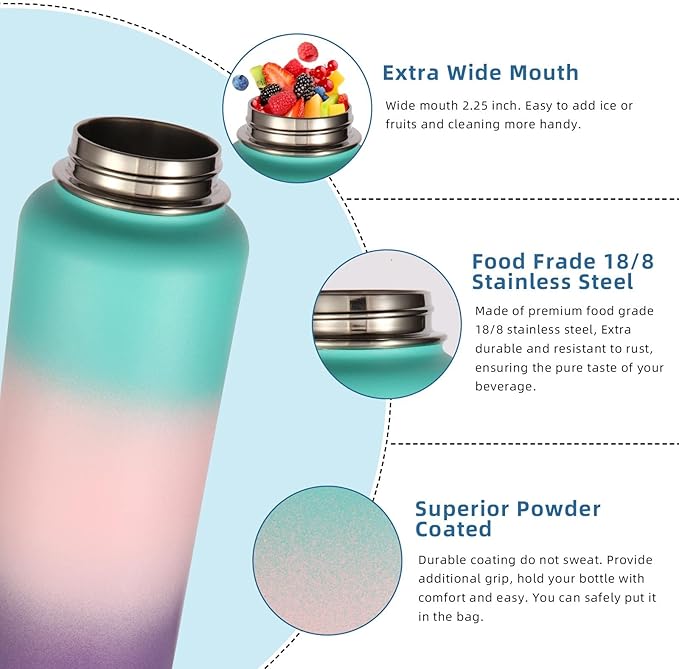 Volhoply 40 oz Insulated Water Bottles Paracord Handle, Stainless Steel Sports Bottle with Spout Lid, Double Walled Vacuum Metal Water Cups, Reusable Water Cup for Adults (Gradient Color, 1 Set)