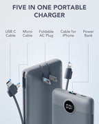 VRURC Portable Charger Built-in Cables and AC Wall Plug, USB C Power Bank 10000mAh, Travel Battery Portable Phone Charger Compact Lightweight External Battery Pack for Smart Phones, Tablets etc-Grey