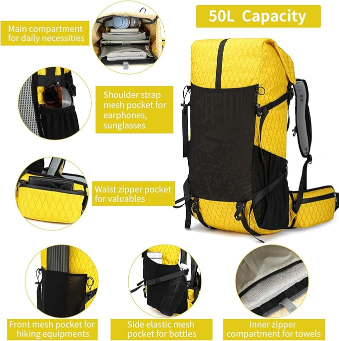 Hiking Backpack,40L to 50L Extra Large Capacity Hiking Bag,Internal Frame Camping Backpack,Upgraded X-PAC Lightweight Sport Daypack Travel Backpack Fit For Mountain Climbing Camping(Yellow)